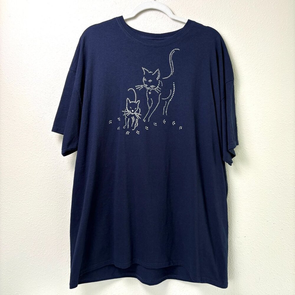 Cat T Shirt Size 2XL Navy Blue Rhinestone Detail Short Sleeve Jerzees‎ Dri Power